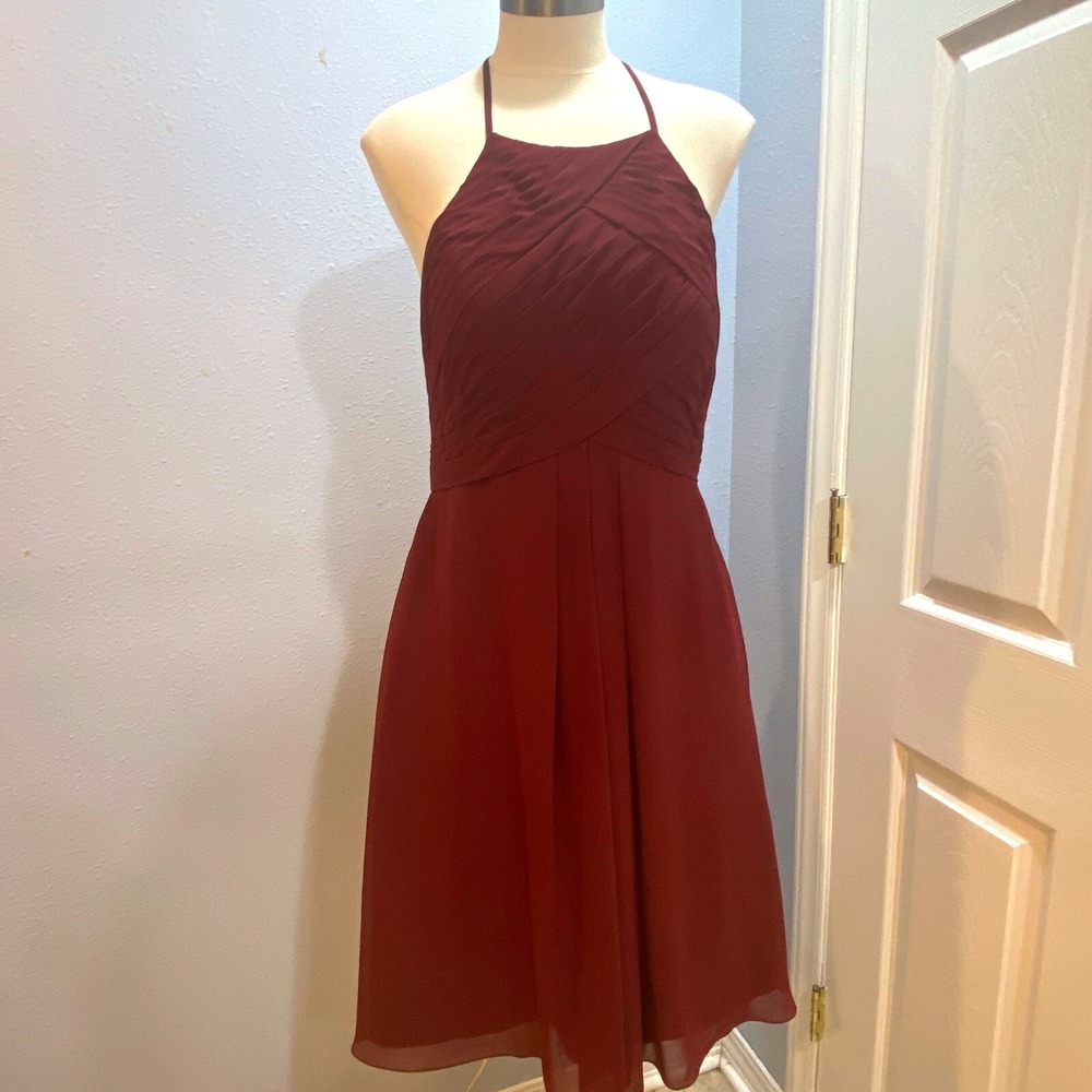 Azazie Halter Bridesmaid Dress Pleated Chiffon A-Line Party Tea Length Dress A10